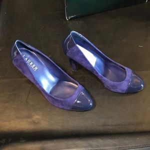 Ralph Lauren rafita navy blue kid suede/patent leather tips and back. Sz 8